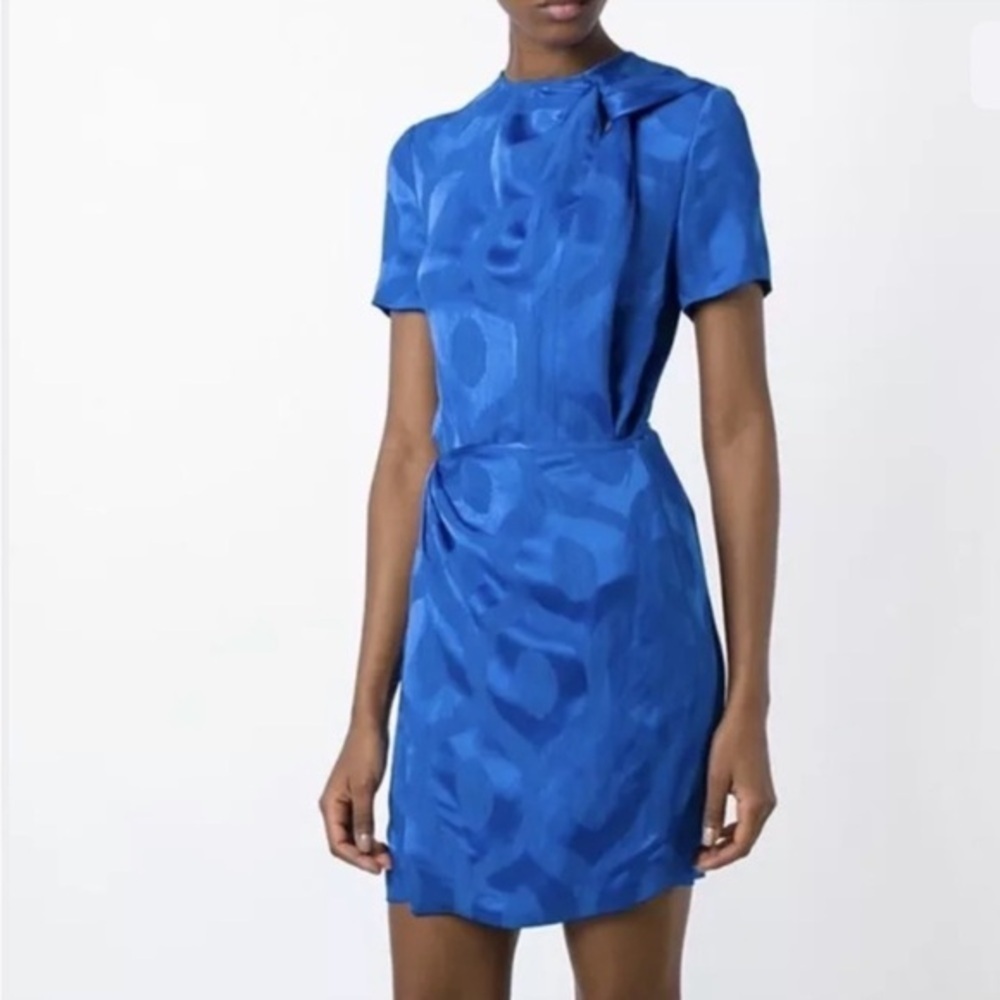 NEW Isabel Marant Blue Thick Satin Servane Wrap Jacquard Mini Dress